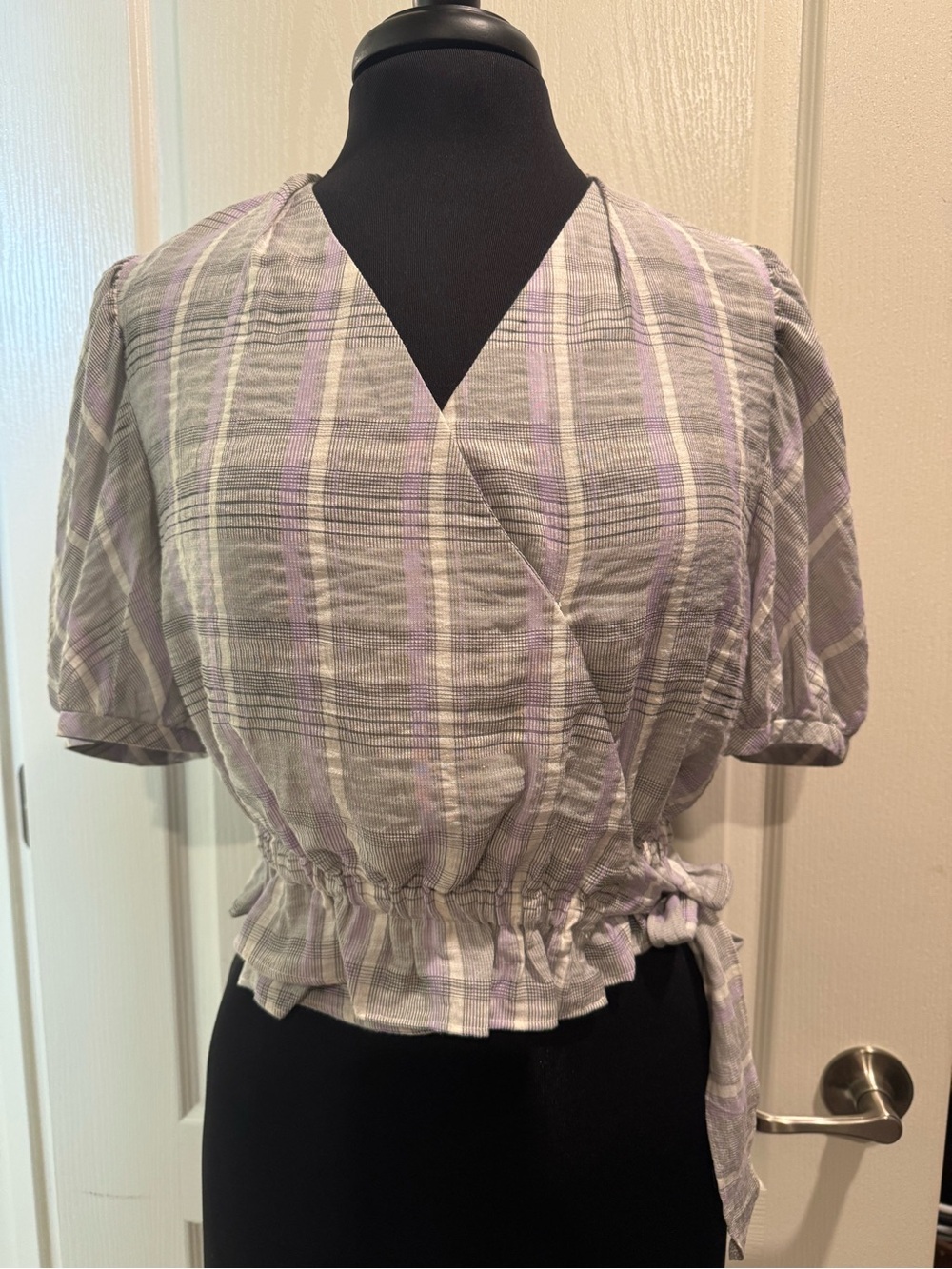Lavender Plaid Wrap Crop Blouse with Elastic Waist